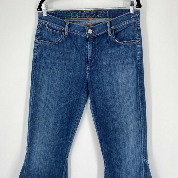 GOLDSIGN Guitar Super Flare Jeans Women's Size 31 Mid Rise Stretch Denim Blue - Picture 2 of 12